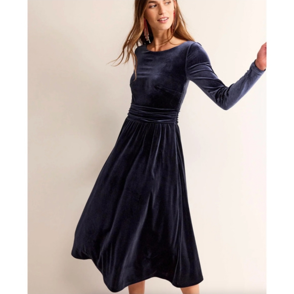Boden Lois Velvet Midi Dress In Navy Blue 8L Rusched Waist Holiday Whimsigoth